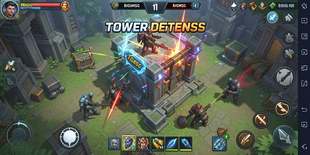 Tangkapan layar gameplay BIGMSG menunjukkan pertarungan Tower Defense yang seru.