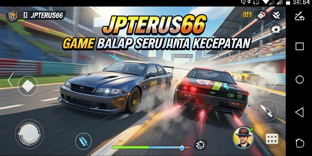 Tampilan gameplay mendebarkan dari JPTERUS66 dengan mobil balap yang melaju kencang.