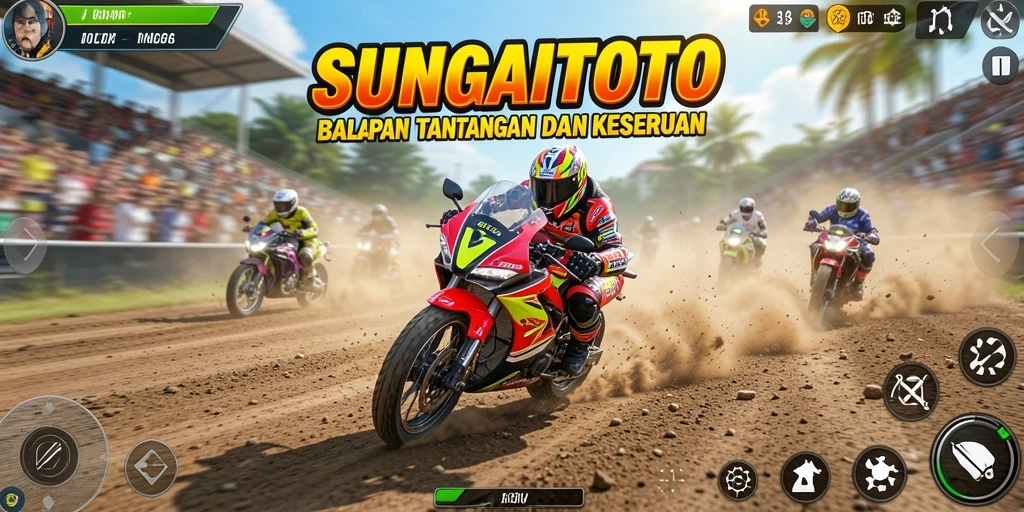 Screenshot gameplay SUNGAITOTO menampilkan aksi balap motor yang mendebarkan.