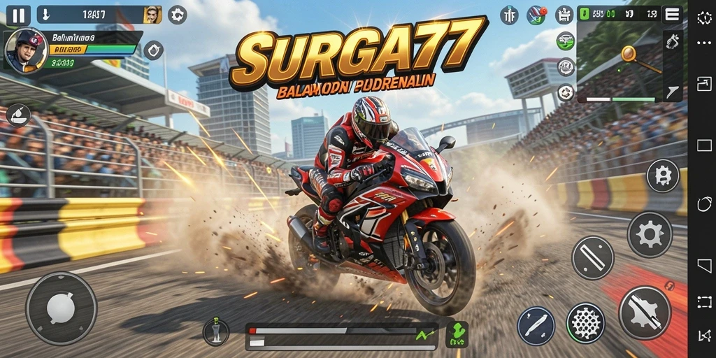 Tampilan gameplay menegangkan dari SURGA77 yang menunjukkan balapan motor di lintasan.